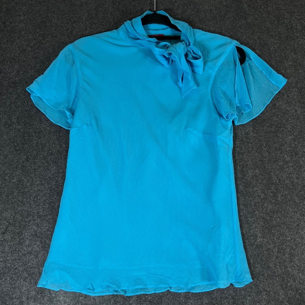 Anne Klein Turquoise 100% Silk Tie Neck Flutter Sleeve Blouse Top Sz 12